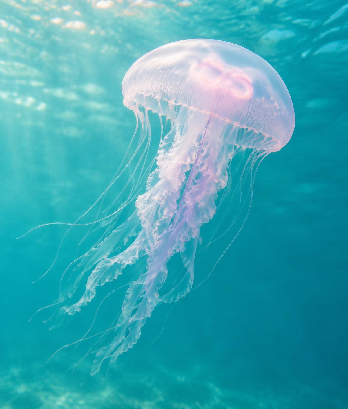 A translucent jellyfish moving through clear teal water